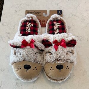 Dearfoams Beige and Red Bear Slippers